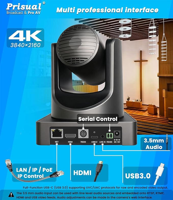 Prisual 4K HDMI/IP/USB PTZ Camera 20X, Advanced PTZ Auto Tracking Camera, 1/1.8”4K UHD 30P with Built-in Tally Light for Church Conference Events, PoE, PT20X-4K (NDI upgradable)