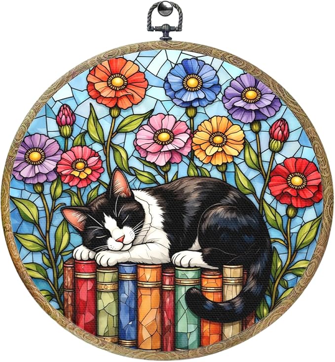 Cute Cat Decor Cat Stuff Accessories Book Lovers Gifts Reading Gifts Framed Round Wall Decor Canvas Wall Art Hanging Prints Artwork for Home Door Bedroom Porch Library Decorations 10.2X10.2 Inch