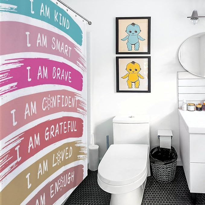 Rainbow Shower Curtain, Kids Girls Baby Boho Cute Inspirational Motivational Quotes Bohemian Cartoon Colorful Pastel Waterproof Fabric Bathroom Shower Curtain Set with Hooks, 72"x78" Inch
