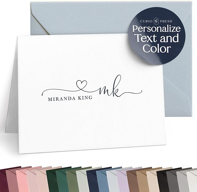 Curio Press Personalized Stationery for Women & Men - Folded Thank You Cards with Custom Notecards, Personalized Note Cards with Envelopes, Name and Monogram, Custom Stationery - Precious Mono Fold