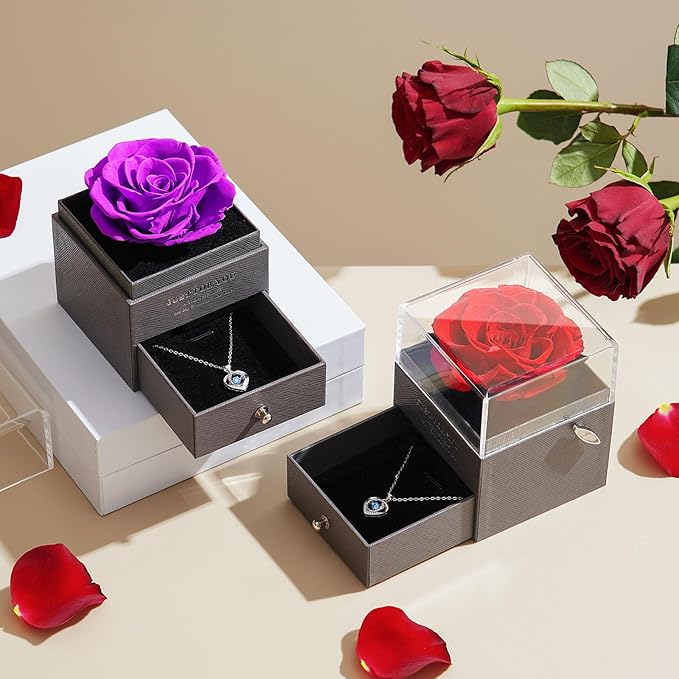 Romantic Rose Gifts for Her - Forever Preserved Rose with Silver Heart Pendant Necklace for Wife Girlfriend Mom | You Are My Sunshine Music Box for Women - Perfect on Valentines, Birthday, Anniversary