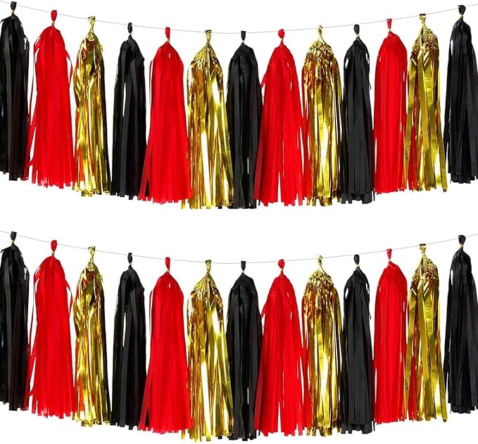 We Moment Black Red Gold Tissue Paper Tassels Party Tassel Garland Banner for Party Decorations, DIY Kits,15PCS