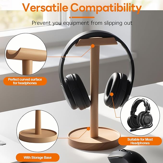 Yookin Wood Headphone Stand Headset Stand for Deak Universal Headphone Holder with Storgae Base Handcrafted Desk Organizer for Gaming Headsets(Beech Wood)
