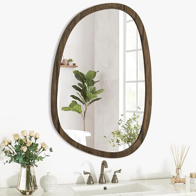 Asymmetrical Oval Mirror for Wall Irregular Wood Frame Modern Mirror Unique Decorative Wall Mirror Vanity Bathroom Living Room Bedroom Entryway Hallway Artistic Mirror Small 14"x10"