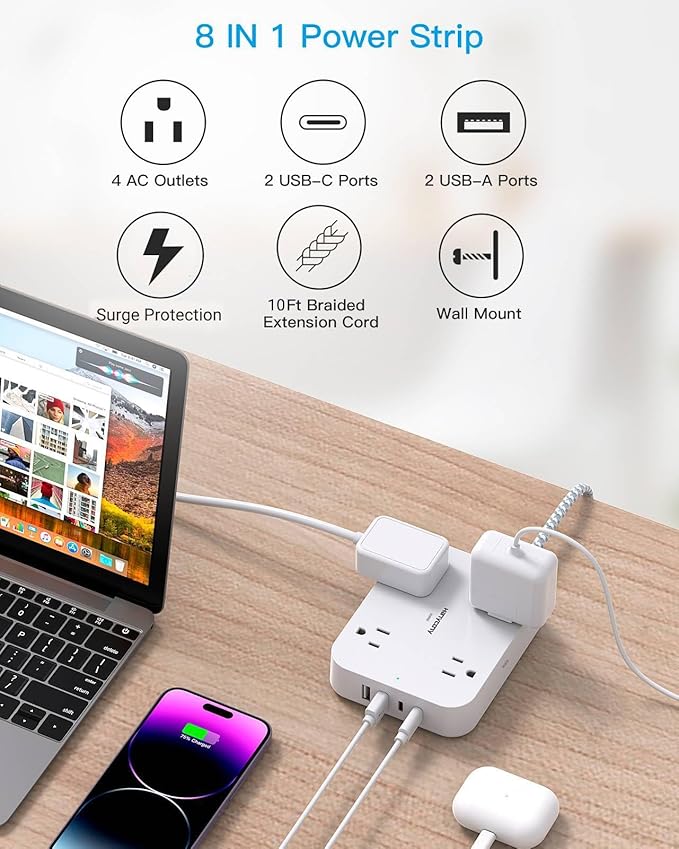 Surge Protector Power Strip 10 Ft Cord, HANYCONY Extension Cord with 4 USB Ports(2 USB C), Desk Power Strip with Long Cord, Flat Plug, Wall Mount for Office Home College Dorm Room Essentials