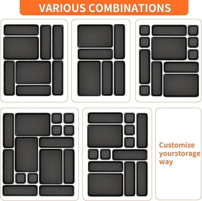 Giklux 45 Pack Desk Drawer Organizer Tray, 3 Sizes Plastic Drawers Organizer Storage for Kitchen, Bathroom, Office, Vanity, Makeup, Utensils, Junk Drawer Organizer Bins, Gadget Trays for Organizing.