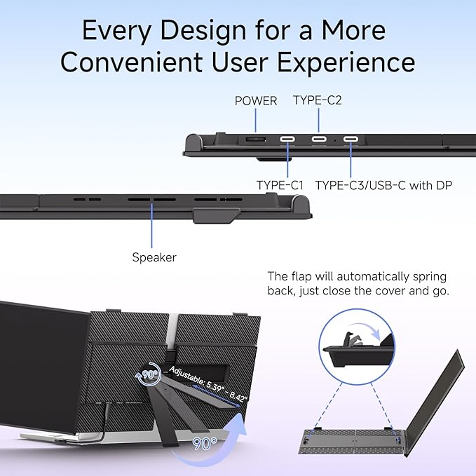 ROYY 14" Laptop Screen Extender, 0.19" Ultra-Thin Portable Monitor, FHD 1080P Dual Screen for 13-17" Laptops, Plug & Play USB-C/HDMI, Travel Monitor Compatible with Windows, Mac, Android, Switch, PS5