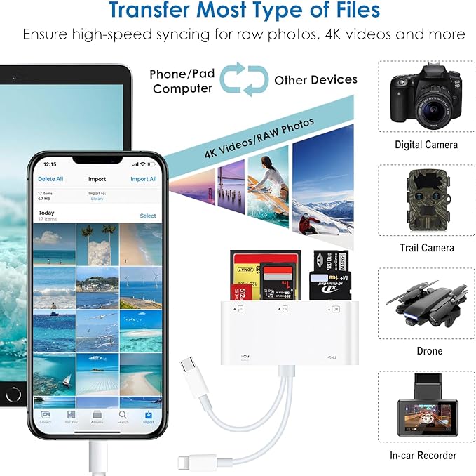 9-in-1 Memory Card Reader Universal SD Card Reader for iPhone/iPad, CF/SD/MicroSD/MS/XD Card Reader & USB OTG Adapter with USB-A/USB C/Lightening Connector for iPhone 16/iPad Pro/Samsung Galaxy S25