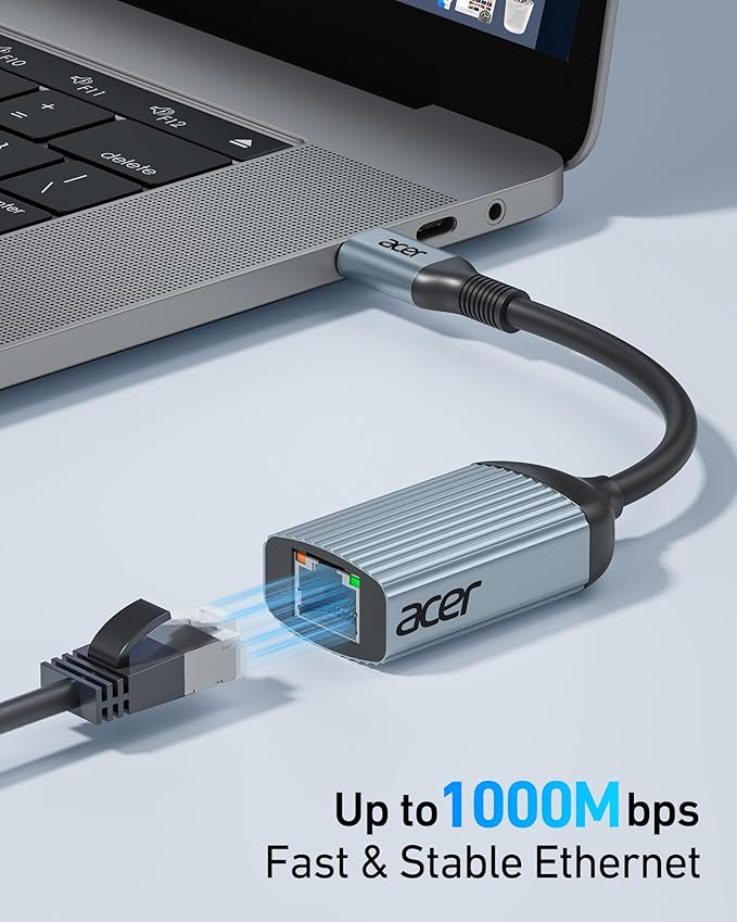 Acer USB C to Ethernet Adapter, Plug and Play RJ45 to Type C Network Dongle(Thunderbolt 3/4 Compatible), 1Gbps Aluminum USB-C LAN Adapter for Laptop, MacBook Pro/Air, iPad Pro, iPhone 15/16, Dell XPS