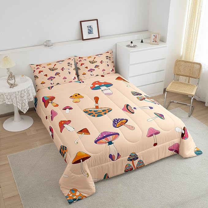 Castle Fairy Retro Mushroom Queen Size Comforter Set,Hippie Plant Bedding Set with 2 Pillowcases,60s 70s Cartoon Style Breathable Polyester Bedding Comforters
