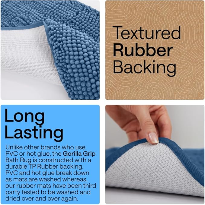 GORILLA GRIP Bath Rug Mat 48x17, Thick Soft Absorbent Chenille, Quick Dry Microfiber Mats, Rubber Backing Washable Shower Floor Rugs, Bathmat Runner, US Designed Bathroom Home Decor Accessories Blue