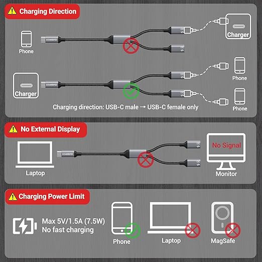 KiwiBird USB C Splitter 1 in 2 Out Charging, USBC Power Data Splitter Extension Y Cable, Type C Male to Dual USB C Female Port Adapter, Compatible with Laptop Mac Car Flash Drive Keyboard Mouse