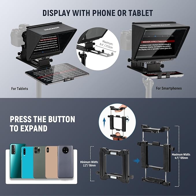 NEEWER X1 Pro II Teleprompter 9" All Metal with RT113 Remote/App Control, Quick Switch 1s Lock Arca Type QR Plate, Magnetic Phone Clamp Compatible with iPhone Android Smartphone, Assembly Free