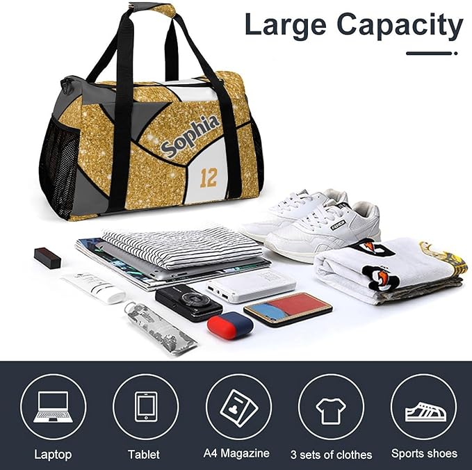 Custom Gold Glitter Print Volleyball Duffel Bag with Name Personalized Travel Bags Sport Gym Bag Carry On Weekender Bags for Men Women