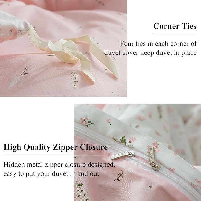 EAVD Vintage Style Garden Pink Floral Duvet Cover Queen 100% Cotton White Pink Botanical Bedding Set for Girls Women Chic Shabby Boho Botanical Floral Comforter Cover with Zipper Closure 4 Ties