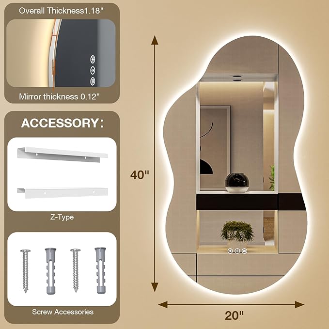 Irregular Cloud Backlit Bathroom Mirror 20x36 Inch, LED Vanity Mirror with Lights Anti-Fog, Dimmable 3 Colors, 4mm Tempered Glass, Horizontal/Vertical Wall Mount for Bathroom or Makeup Area