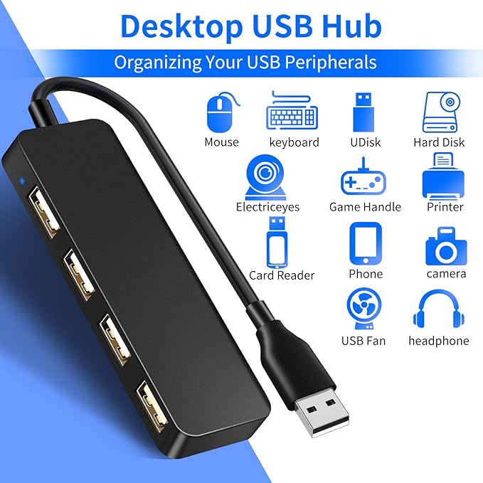 USB Hub 4 Port USB 2.0 Splitter Hub Expander for Laptop Computer Flash Drive Console Printer Camera Keyboard Mouse More 1 to 4 Jack Extender for Charging/Data Sync