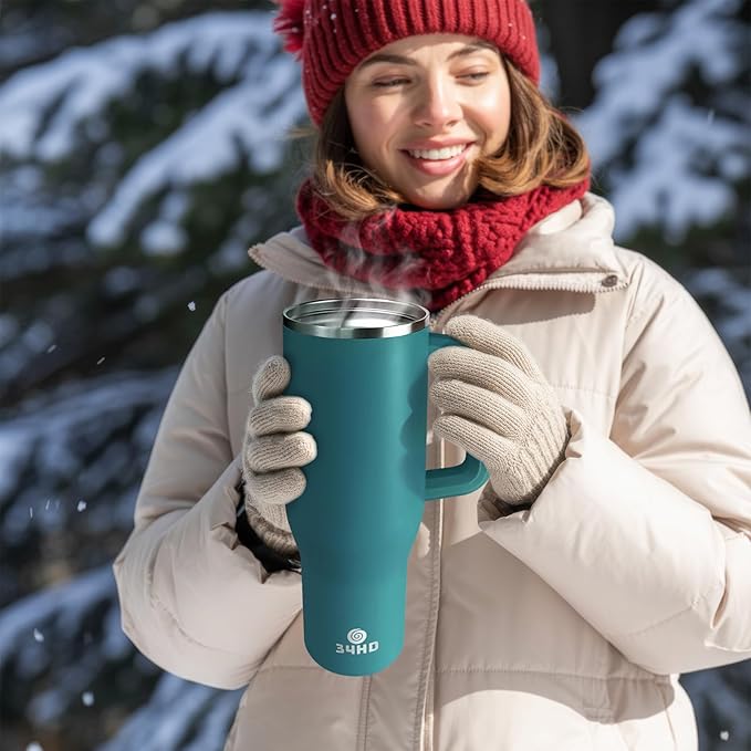 34HD 40 oz Stainless Steel Tumbler - Leakproof Insulated Water Bottle with Handle, Magnetic Lid and Flexible Straw - Iced for 48 Hours – Perfect for Men, Women, Birthday Gift, Green - Teal Mirage