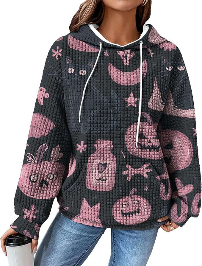 Halloween Sweatshirts for Women Novelty Graphic Drawstring Waffle Hoodies Loose Casual Pullover Tops with Pocket