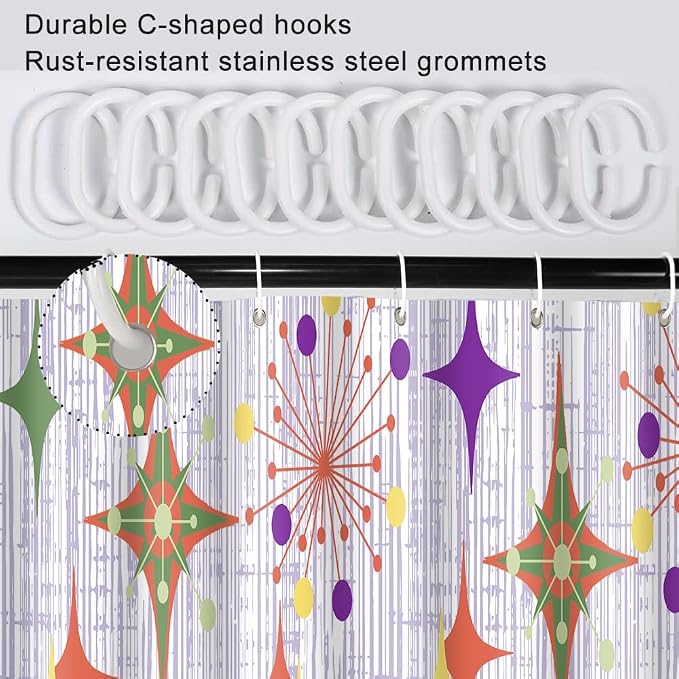 Mid Century Shower Curtain, 36x72inch, Modern Abstract Retro Purple Striped Geometric Shower Curtain Sets 1950s Boho Bathroom Shower Curtain with 6 Hooks