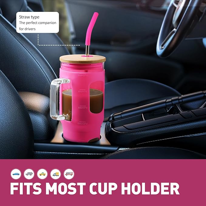 Glass Tumbler with Straw & Lid, 32 oz Glass Cup with Handle, Water Bottle with Time Marker - Pearl Straw & Silicone Protective Sleeve - Rose Red