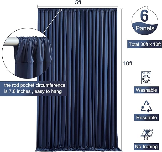 6 Panels Navy Blue Backdrop Curtain for Parties Wrinkle Free Photo Curtains Backdrop Drapes Fabric Decoration for Wedding Birthday Party Baby Shower 30ft(W) x 10ft(H)