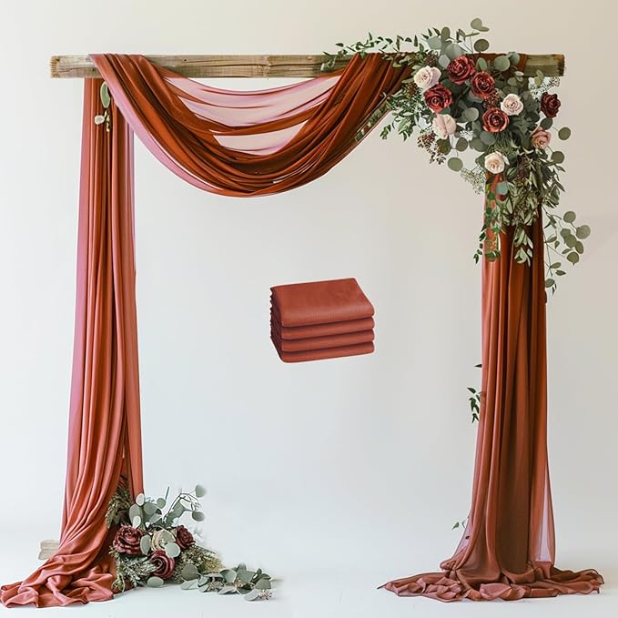 Wokceer Wedding Arch Draping Fabric Terracotta 4 Panels 28.7" x 20FT Sheer Drapes Backdrop for Ceremony, Birthday Party, Bridal Shower Decoration