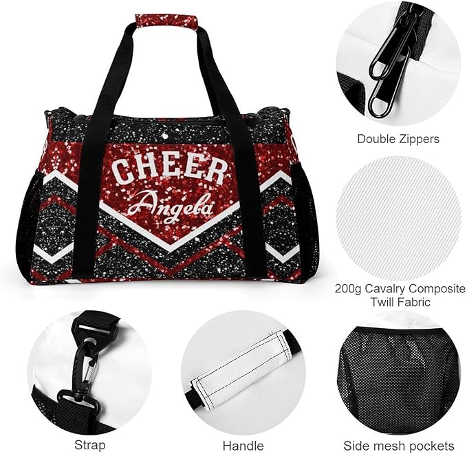 Cheer Red Black Maroon Glitter Print Waterproof Duffel Bag Adjustable Shoulder Strap Perform Training Travel Bag for Teens Adults Women Men Tote Bag