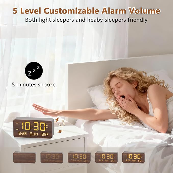 Fomobest Wooden Digital Alarm Clock for Bedroom - Desk Clock with Date, Day of Week, Temperature, Dual Alarms, Dimmer, USB Port Charge, DST, Adjustable Volume for Living Room/Office Wood Decor (Brown)