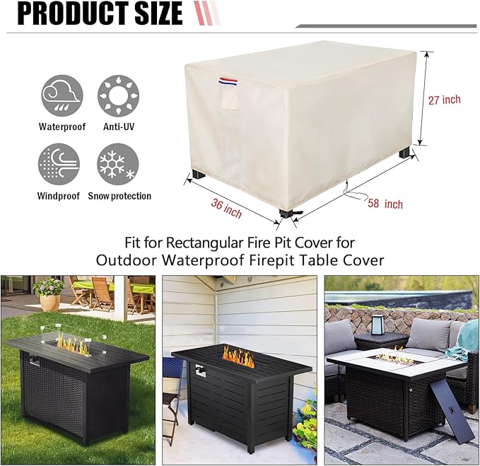 Youlvy Fire Pit Cover Rectangular 58 Inch - Waterproof Outdoor Fire Table Cover Rectangle Heavy Duty, 600D Patio Propane Gas Firepit Cover Rectangular Tear Weather Resistant - 58 x 36 x 27 Inch Beige