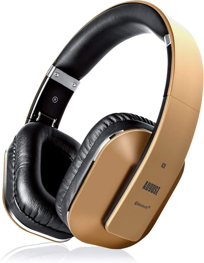 August EP650 Bluetooth Wireless Over-Ear Headphones with aptX Low Latency, NFC, Multipoint Pairing, Wired Option, Built-in Microphone - Gold