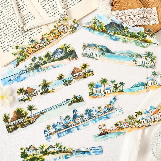 Dwpetzo Transparent PET Stickers for Journaling Scrapbooking, 60 Sheets Large Seasonal Landscape House Mountain Forest Wildflower Stickers Set for Junk Journal, Collage, Crafts Arts
