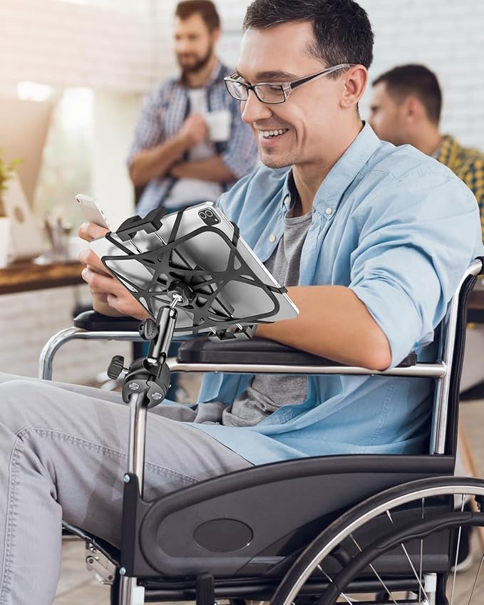 Metal iPad Tablet Mount Holder for Boat Helm, Wheelchair Pole, Bike, Motorcycle, Stroller, Fitness bike, Road Mountain Bicycle, Scooter Handlebar Clamp for 4.7-13" iPad Pro, Air, Mini, iPhone, Galaxy