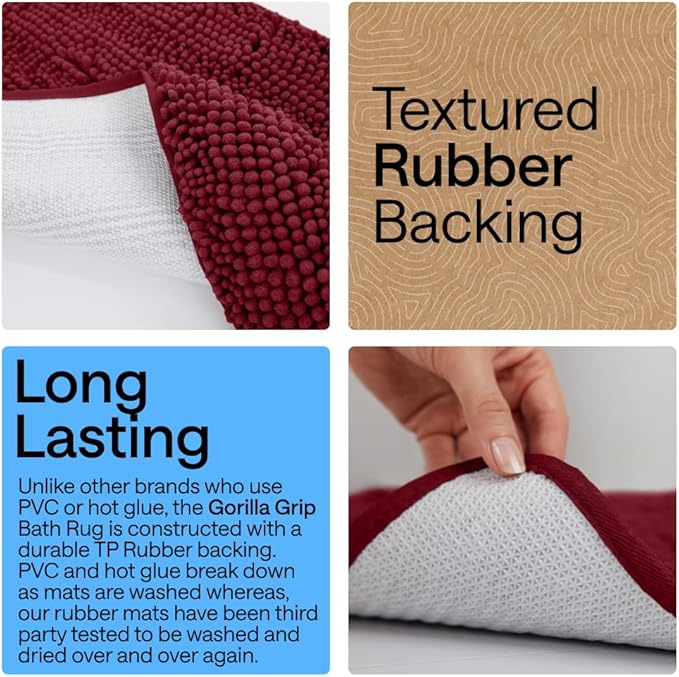 GORILLA GRIP Bath Rug Mat 30x20, Thick Soft Absorbent Chenille, Quick Dry Microfiber Mats, Rubber Backing Washable Shower Floor Rugs, US Designed Bathroom Bathmat Home Decor Accessories, Burgundy