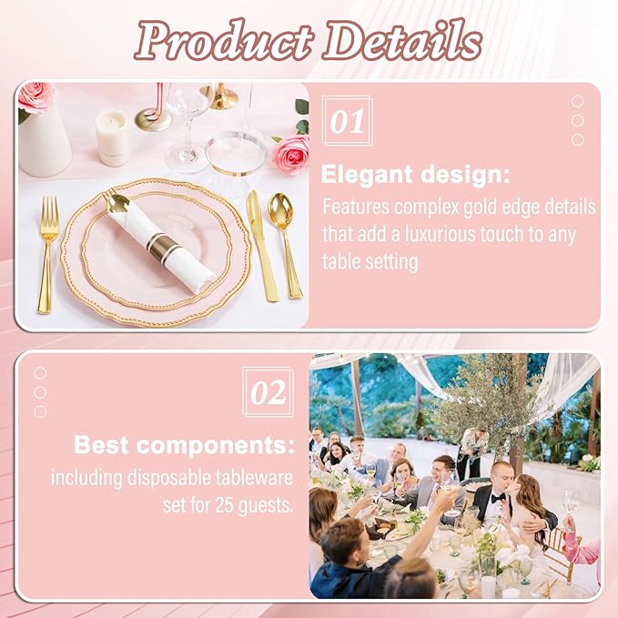 Hioasis 175pcs Pink and Gold Plastic Plates - Pink Plastic Dinnerware Set Includes 25 Dinner Plates, 25 Dessert Dinnerware, 25 Cups, 25 Napkins Perfect for Wedding & Party