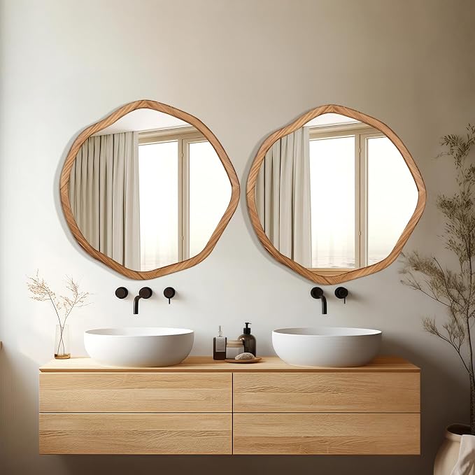 ULIKE Round Wood Mirror, 24 Inch Irregular Circle Vanity Wall Mirror with Wooden Frame, Rustic Decorative Wall Mount for Bathroom Bedroom Living Room Entryway, Rustic Brown