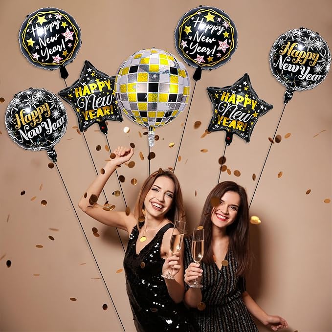 Happy New Year Balloons 4D Black Gold New Years Nye Balloons for New Years Eve Decorations 2026 Happy New Year Eve Party Supplies