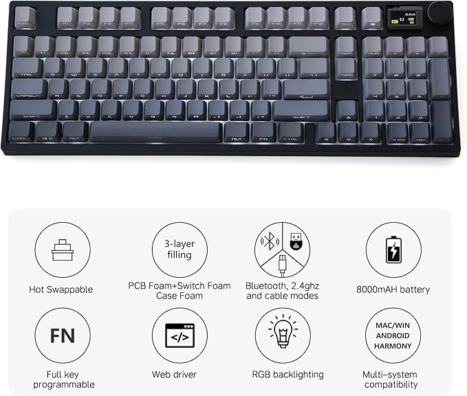 NJ98 Wireless Custom Mechanical Keyboard with Screen Knob 96% Hot Swappable RGB Keyboard Mac Windows (Dark, Steel Plate-Box Deep Sea)