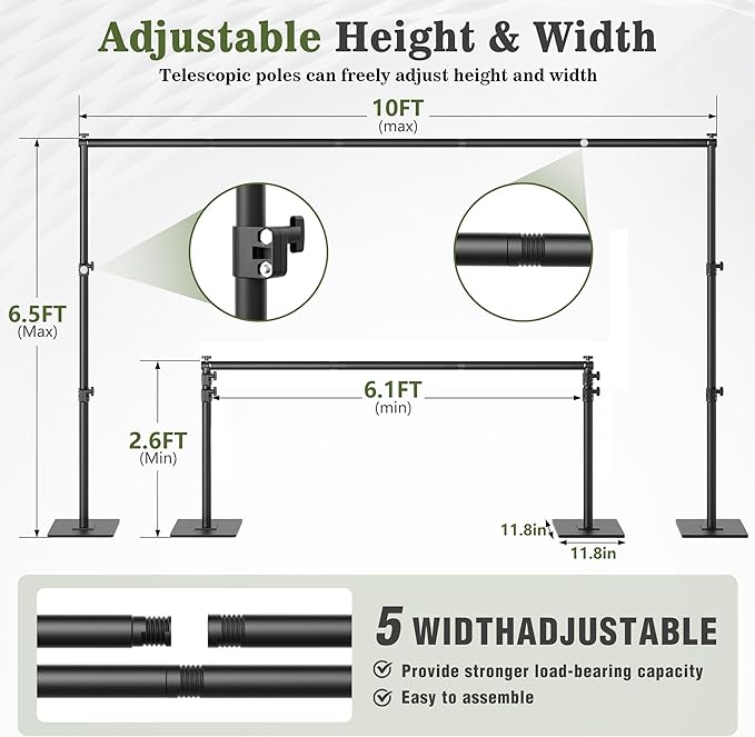 Backdrop Stand 6.5x10 ft Adjustable Photo Backdrop Stand Kit, Heavy Duty Pipe and Drape Photography Background Support with Flat Metal Base for Wedding, Party, Video Studio, Birthday, Black