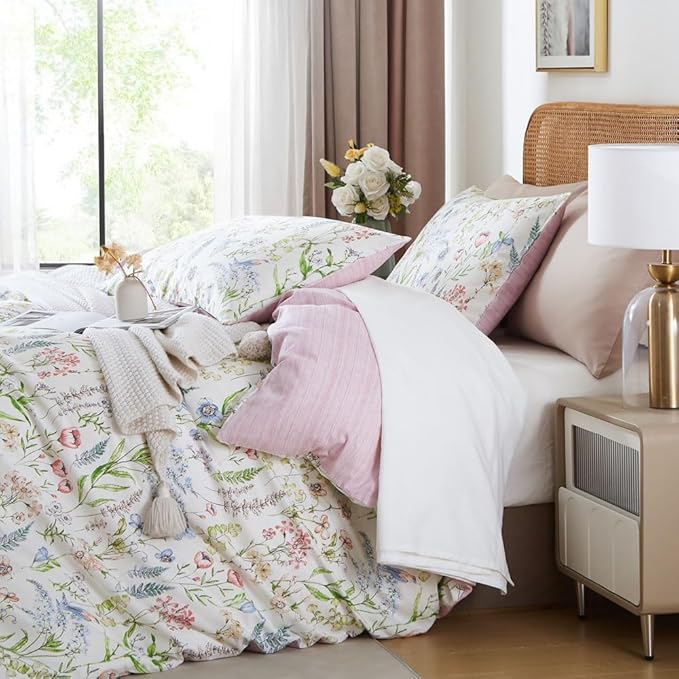EAVD Vibrant Garden Botanical Floral Duvet Cover Queen Soft Cotton Chic Cute Bird Floral Pattern Bedding Set with 2 Pillowcases Vintage Botanical Duvet Cover with Zipper Closure