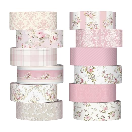 YooNotee 12 Rolls Watercolor Floral Washi Tape Set 15 mm Vintage Flower Decorative Masking Tape for Arts DIY Craft Scrapbook Envelope Party Supplies Gift Wrapping(Pastel Pink,Tea Party)