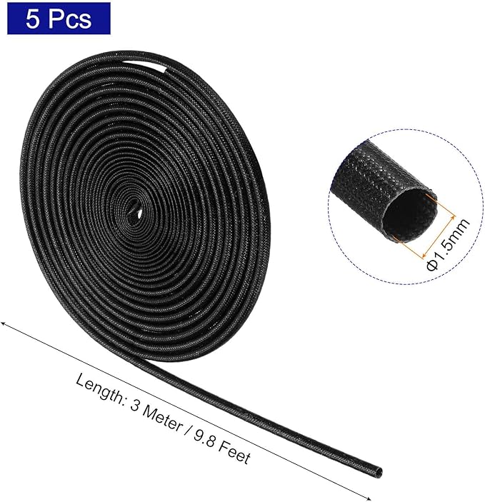 MECCANIXITY 5Pcs Wire Insulation Braid Fire Sleeve,9.8Ft-1.5mm ID Black, High Temp Silicone Coated Fiberglass Sleeving for Automotive Hose Lines Electrical Wiring