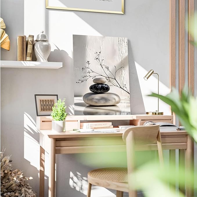 Gray and black stone pile and dried flowers poster canvas wall art in harmony Minimalist wall art for tranquil homes and mindful spaces 24x36in Frameless