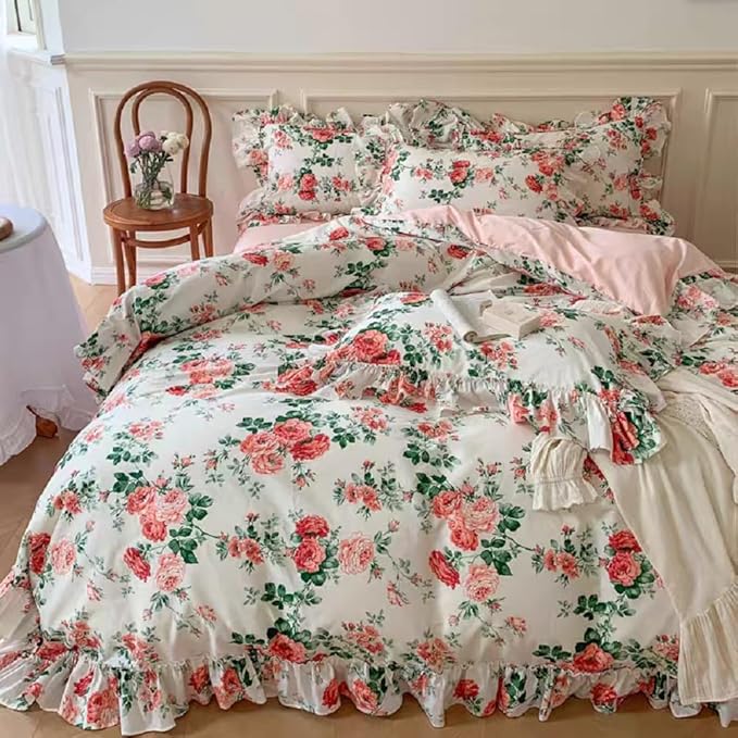 LifeTB Pink Flower Ruffle Comforter Set Full Size Vintage Floral Botanical Comforter Romantic Ruffle Lace Cottagecore Bedding Set Lightweight Fluffy Aesthetic Flowers Comforter Set with 2 Pillowcases