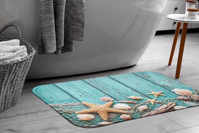 Britimes Bath Mat for Bathroom, Beach Seashells Starfish Sand Washable Cover Floor Rug Carpets Floor Mat Bathroom Decorations 20x32 Inches for Kitchen Bedroom Indoor