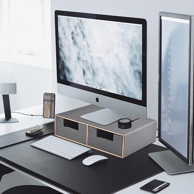 RHCSZ Linen Leather Desk Organizer with Drawers－Mini Desktop Drawer Organizer Stackable－Multifunctional Tabletop Organization Storage Box for Office Supplies Home Vanity Toiletries (Grey, 2-drawers)