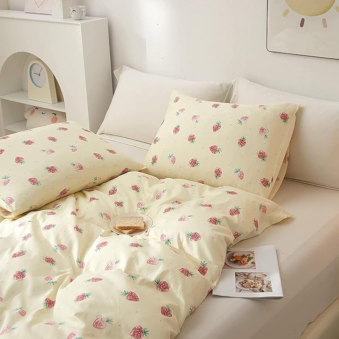 Kawaii Kids Strawberry Bedding Sets - Twin Duvet Cover & 2 Pillowcases, Soft 100% Cotton Comforter, Cream White