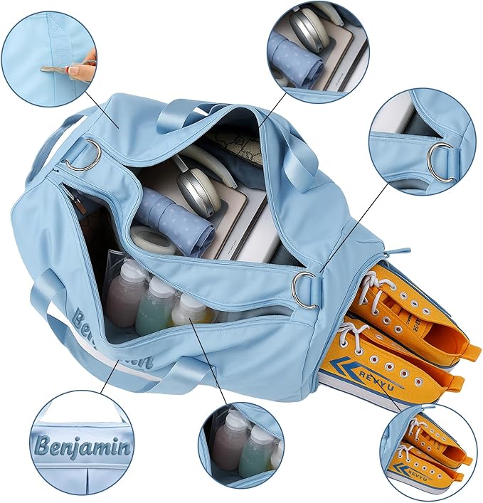 Personalized Travel Duffle Bag for Women with Embroidered Name Custom Sport Gym Bag with Shoe Compartment Weekender Overnight Tote Luggage Bag Customized Gifts for Birthday Light Blue