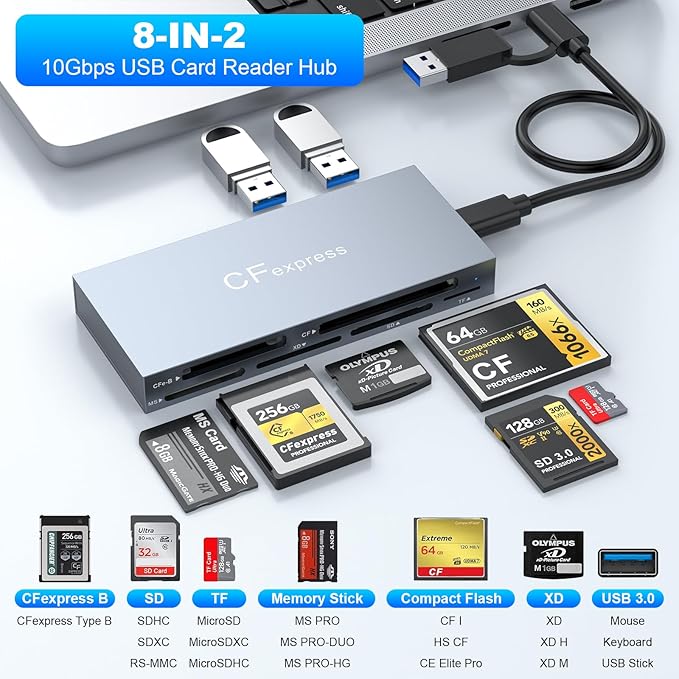 8 in 1 CFexpress Type B Card Reader, 10Gbps Multi CF Express Reader for CFexpress Type B/CF/XD/MS/TF/SD Reader, CFexpress Adapter Memory Card Reader with USB Gen 3.2 * 2 for Windows/Mac/Linux/Android