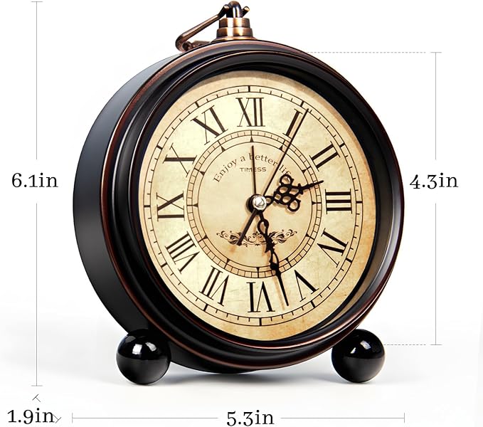 TIMESS Vintage Analog Alarm Clock, 4.3" Silent Non-Ticking Quartz Desk Clock with Roman Numerals, Battery Operated Table Clock for Bedroom, Living Room, Office, or Gift (White)